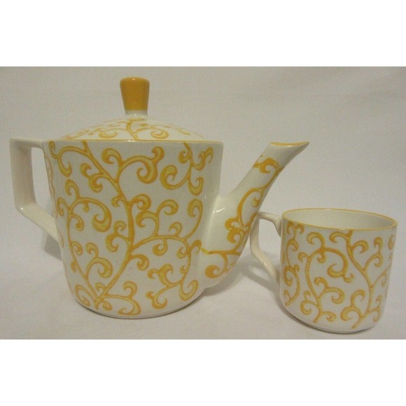 Pier 1 Imports Porcelain Teapot Set 4 Cups Hand Painted Yellow Scroll Modern - Picture 8 of 12